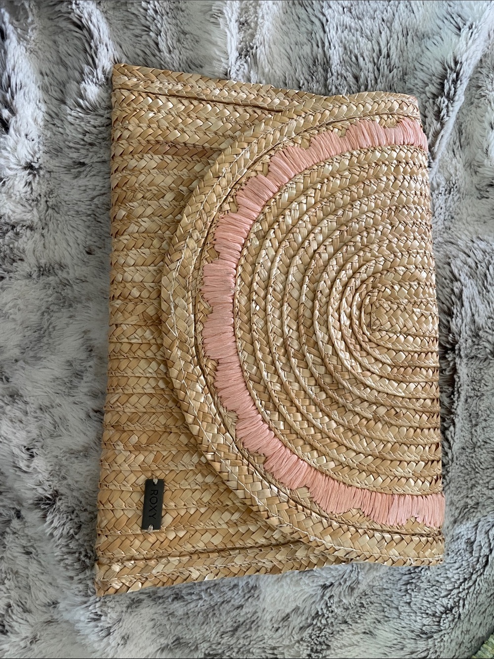 Roxy Woven Straw Envelope Clutch with Pink Accent